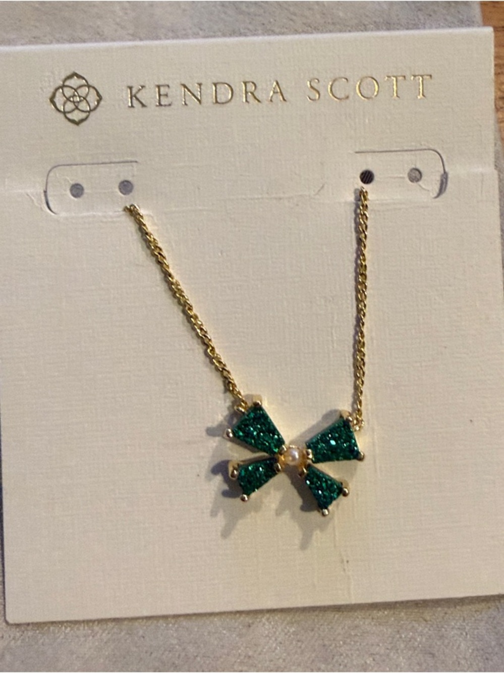 Kendra Scott Gold and Green Druzy Blair Bow Pendant Necklace Pearl accent